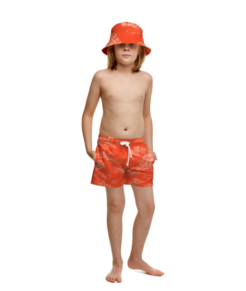 Kids swim shorts with "Savage Sunset" print