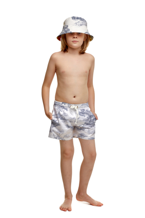 Kids swim shorts with "Savage Garden" print