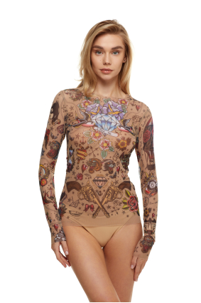 Stretch-tulle top with, tattoo print
