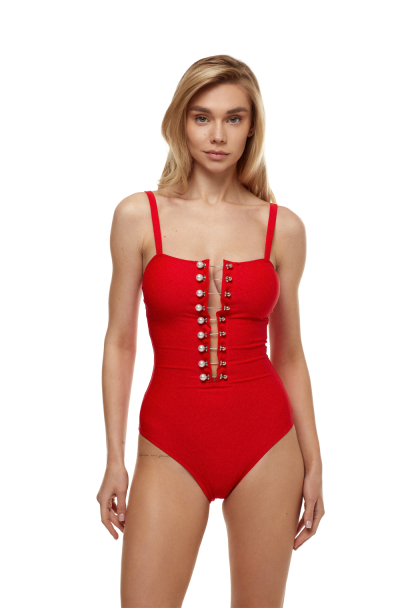 Red lace up swimsuit