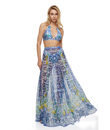 Stretch-tulle maxi skirt with "Porto" print