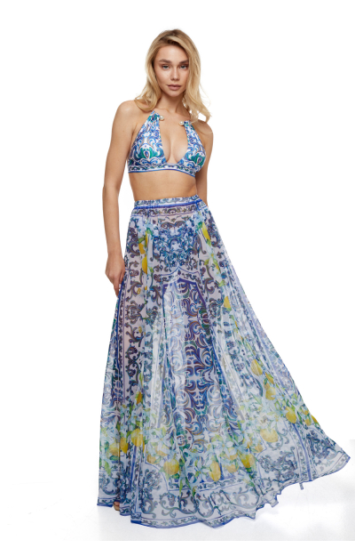 Stretch-tulle maxi skirt with "Porto" print