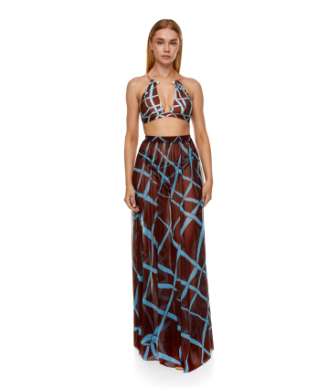 Stretch-tulle maxi skirt with "Chocolate" print