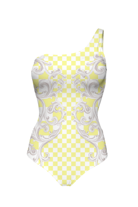 One-Piece Printed Swimsuit, One-Shoulder, Versailles Lemon
