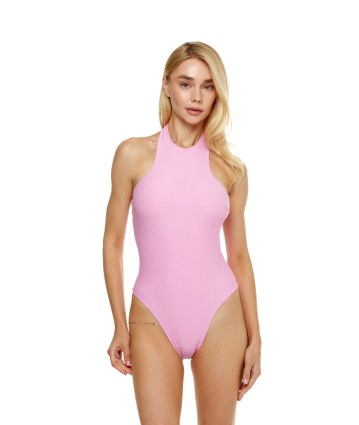 Solid One-Piece Swimsuit, Halter, Pink
