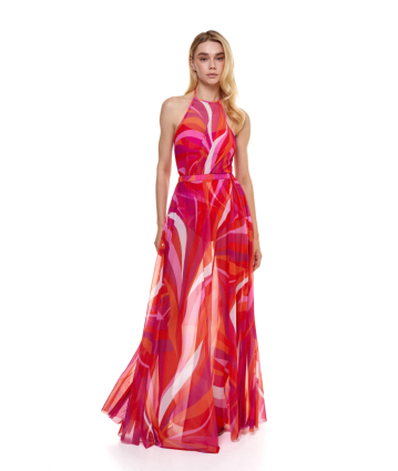 Stretch-tulle maxi skirt with "La Linia Viva" print