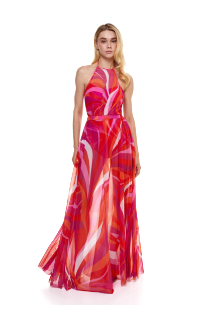 Stretch-tulle maxi skirt with "La Linia Viva" print