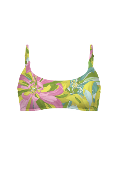 Stretch terry bikini top, "Flirt in Bloom" print