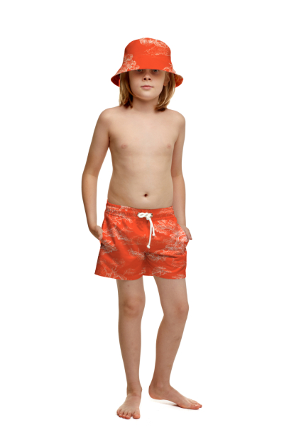 Kids swim shorts with "Savage Sunset" print