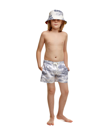 Kids swim shorts with "Savage Garden" print