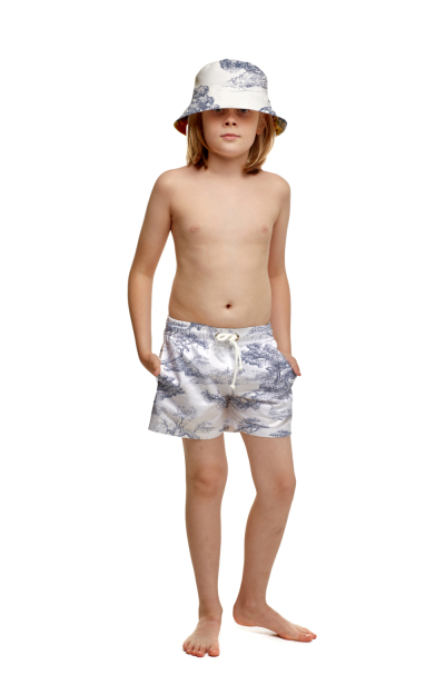 Kids swim shorts with "Savage Garden" print
