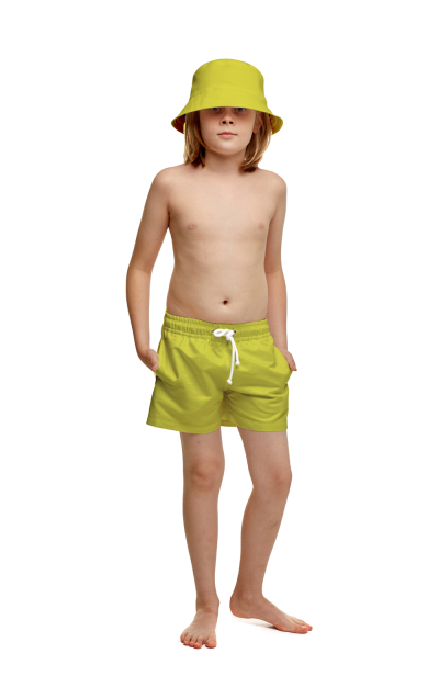 Kids swim shorts with "Flirt in Bloom" print