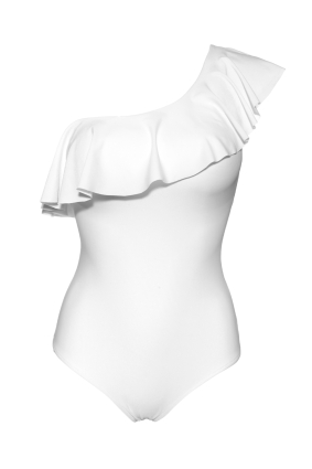 Swimsuit with a ruffle on one shoulder, white