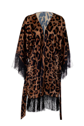Tunic with "Leopard natural" print and black silk fringing