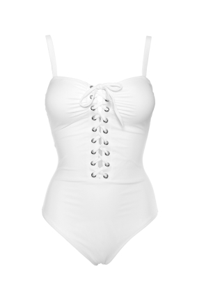 White lace up swimsuit+pearls