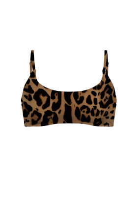 Stretch terry bikini top with "Leopard Natural" print