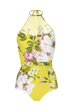 Drapery one-piece swimsuit with "Peonies" print
