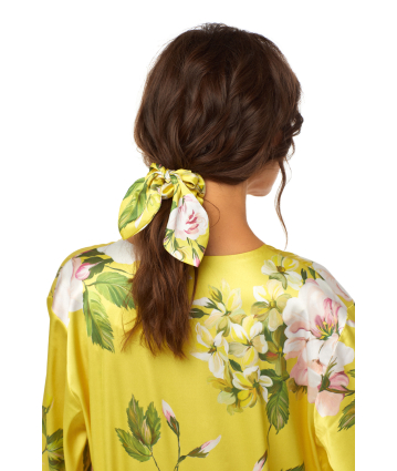 Elastic band on the head with a bow, silk, peonies print