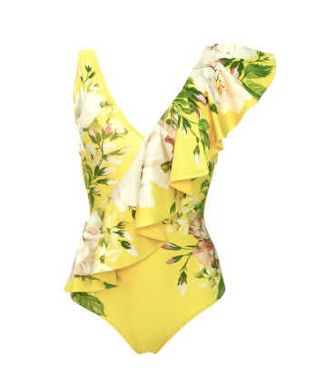 One shoulder swimwear with, ruffle through the body, print "Peonies"