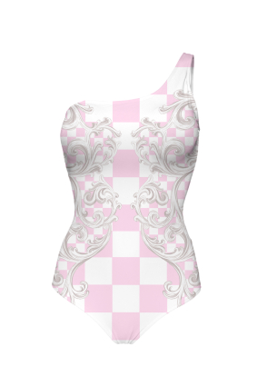 One-Piece Printed Swimsuit, One-Shoulder, Versailles Rose