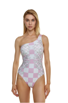 One-Piece Printed Swimsuit, One-Shoulder, Versailles Rose