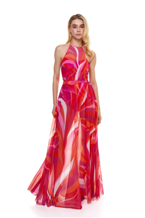 Stretch-tulle maxi skirt with "La Linia Viva" print